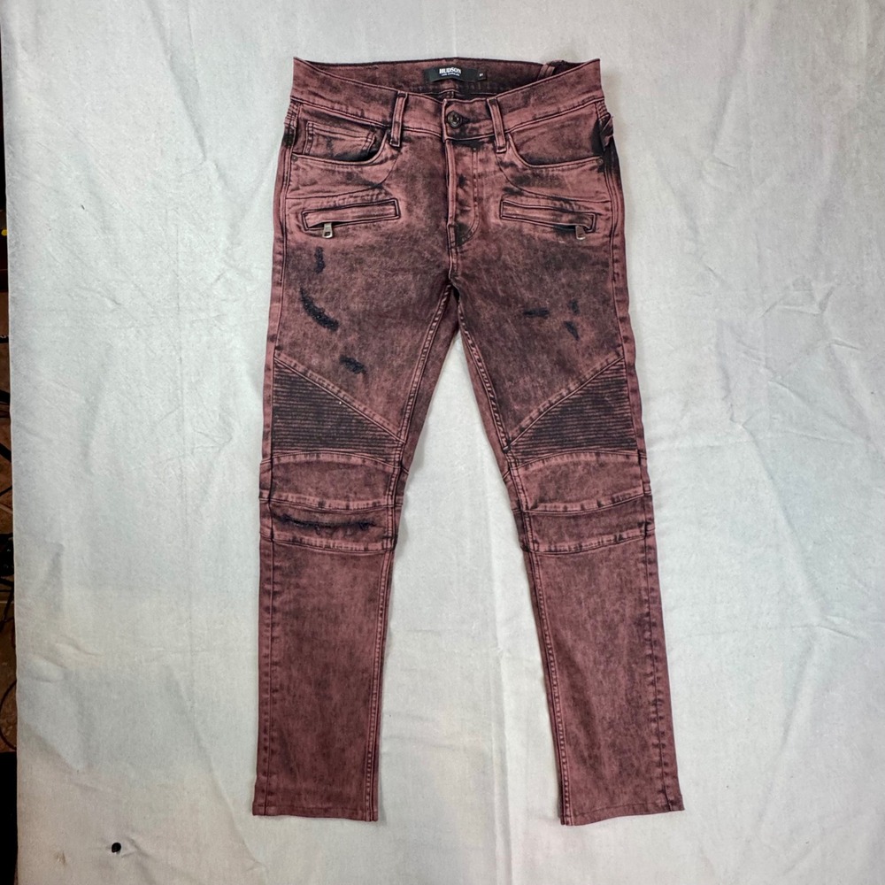 Hudson Los Angeles Mens Moto Biker Jeans Acid Wash Burgundy Distressed Slim 31